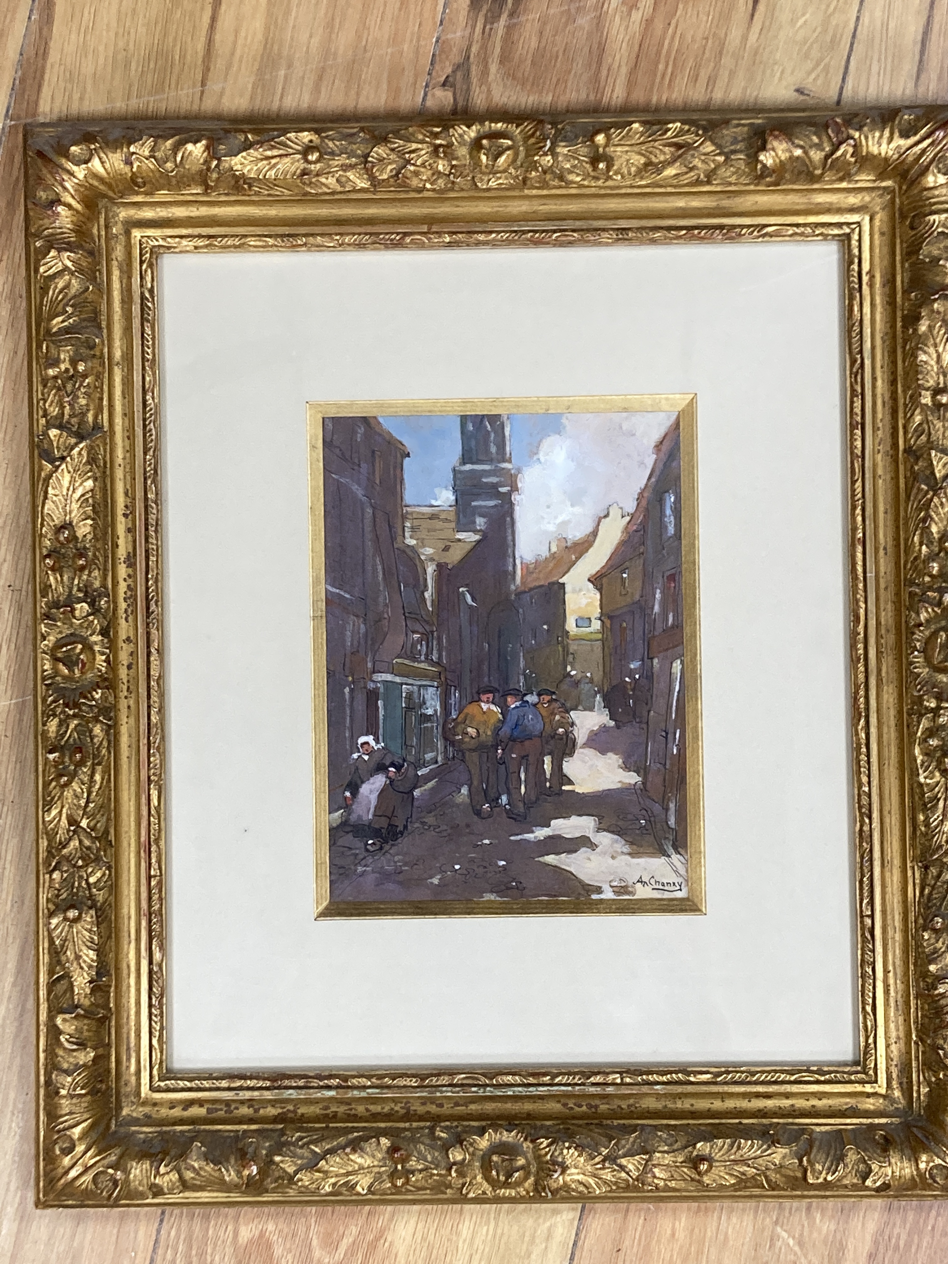 Alfred N. Chanzy, ink and watercolour, Continental street scene, signed, 19 x 14cm